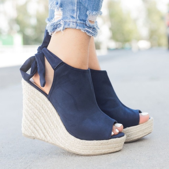 SHOEROOM21 BOUTIQUE Shoes - NAVY BLUE BACK-KNOT SLINGBACK ESPADRILLE WEDGES